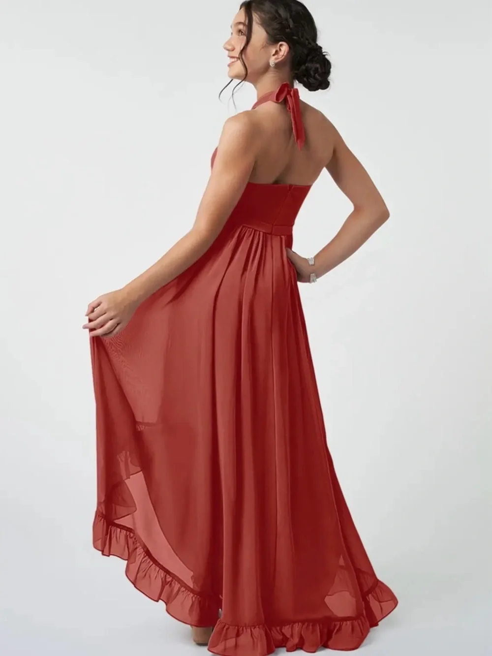 Azazie Halter High-Low Ruffle Maxi Dress in Rust - Picture 4 of 4